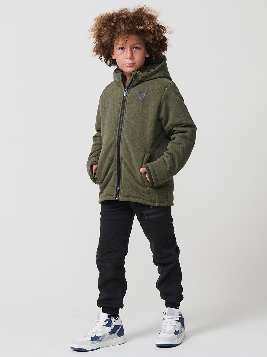 Veste garçon en maille kaki et polyester, doublée, avec capuche et fermeture zippée.