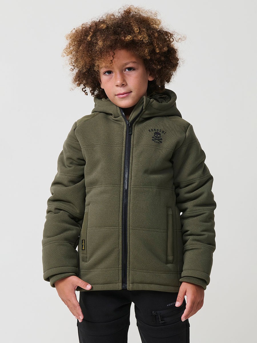 Veste garçon en maille kaki et polyester, doublée, avec capuche et fermeture zippée.
