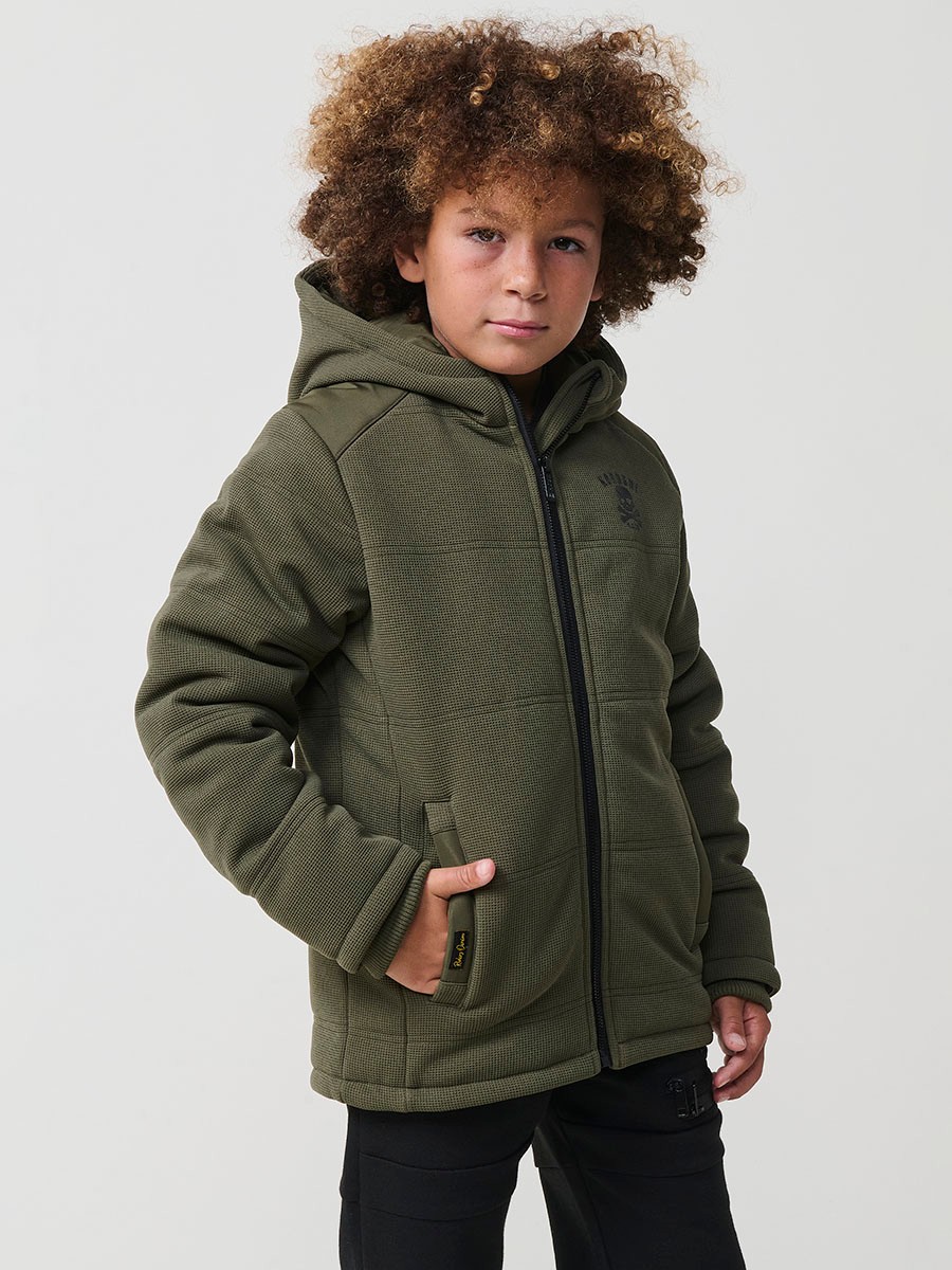 Veste garçon en maille kaki et polyester, doublée, avec capuche et fermeture zippée.