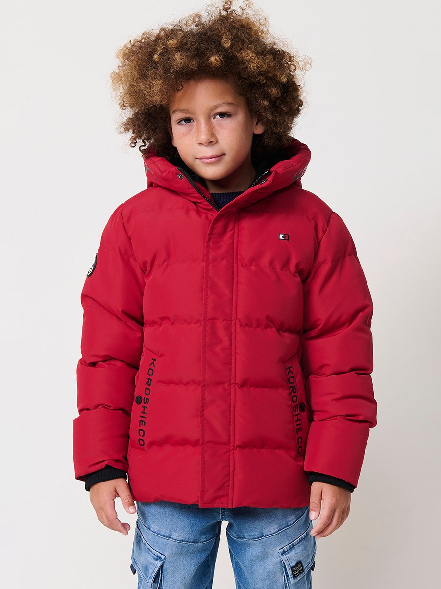 Blouson matelassé garçon rouge avec capuche doublée effet fourrure et fermeture zippée