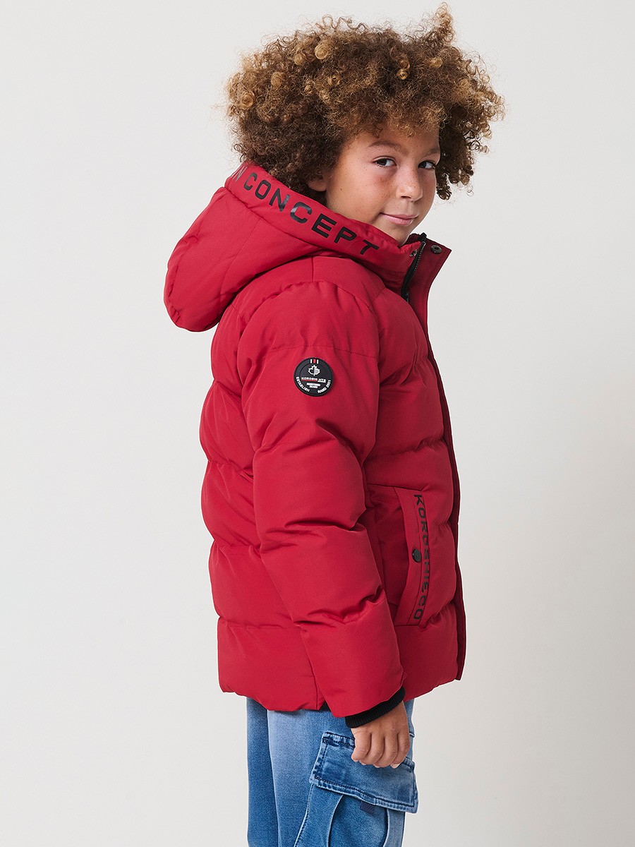Blouson matelassé garçon rouge avec capuche doublée effet fourrure et fermeture zippée