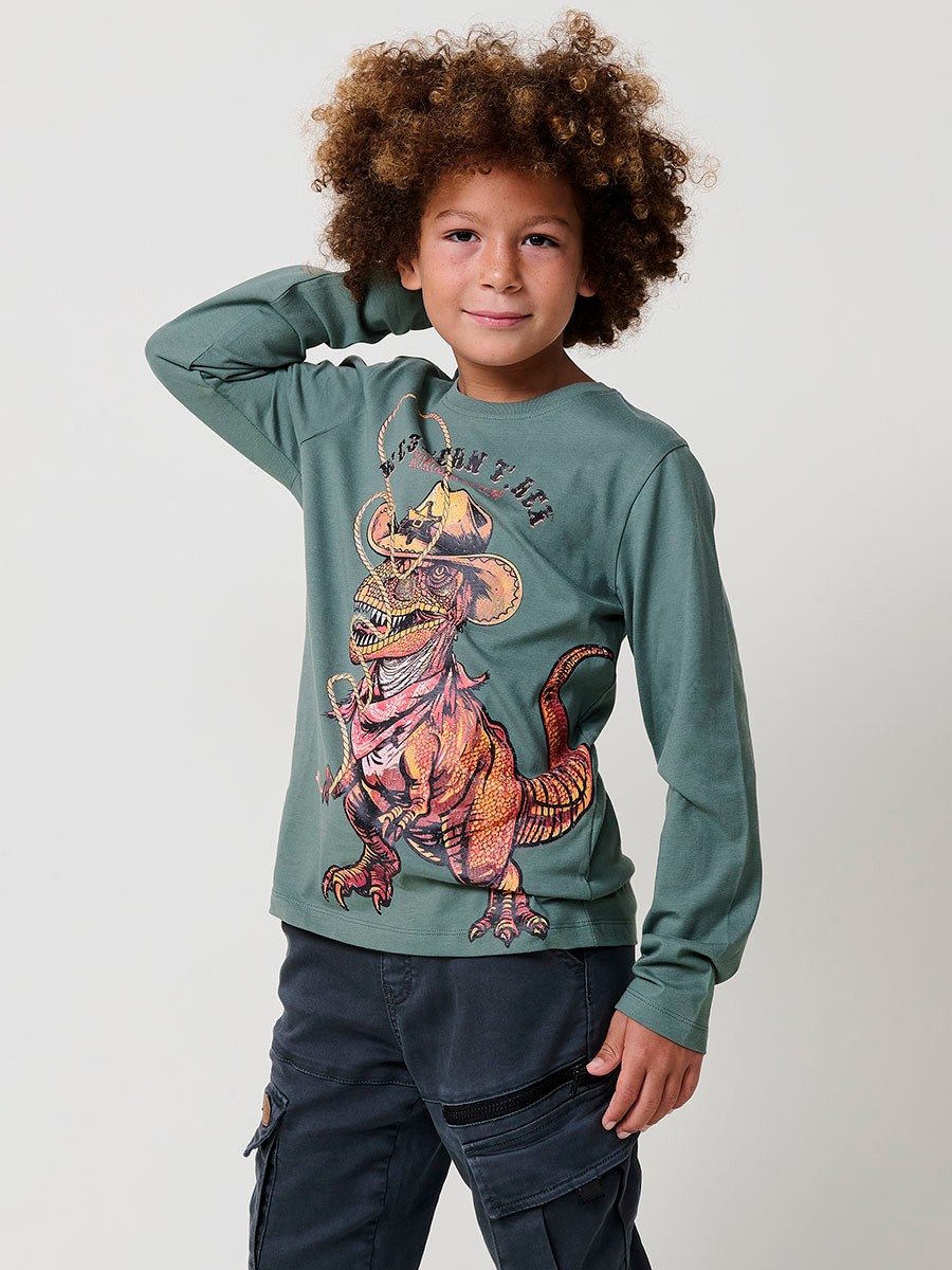 T-shirt garçon kaki en coton avec imprimé dinosaure, manches longues et petit logo Koröshi boy effet cuir.