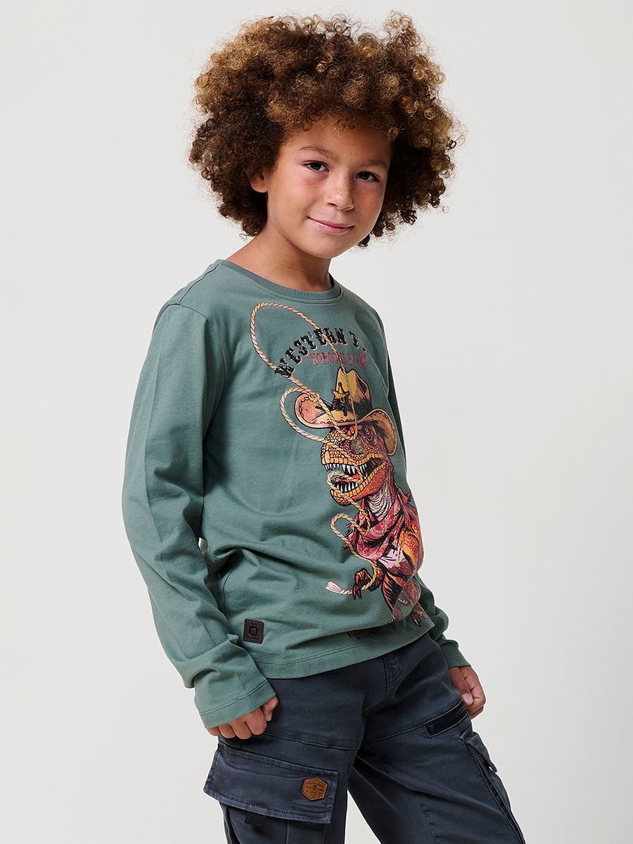 T-shirt garçon kaki en coton avec imprimé dinosaure, manches longues et petit logo Koröshi boy effet cuir.