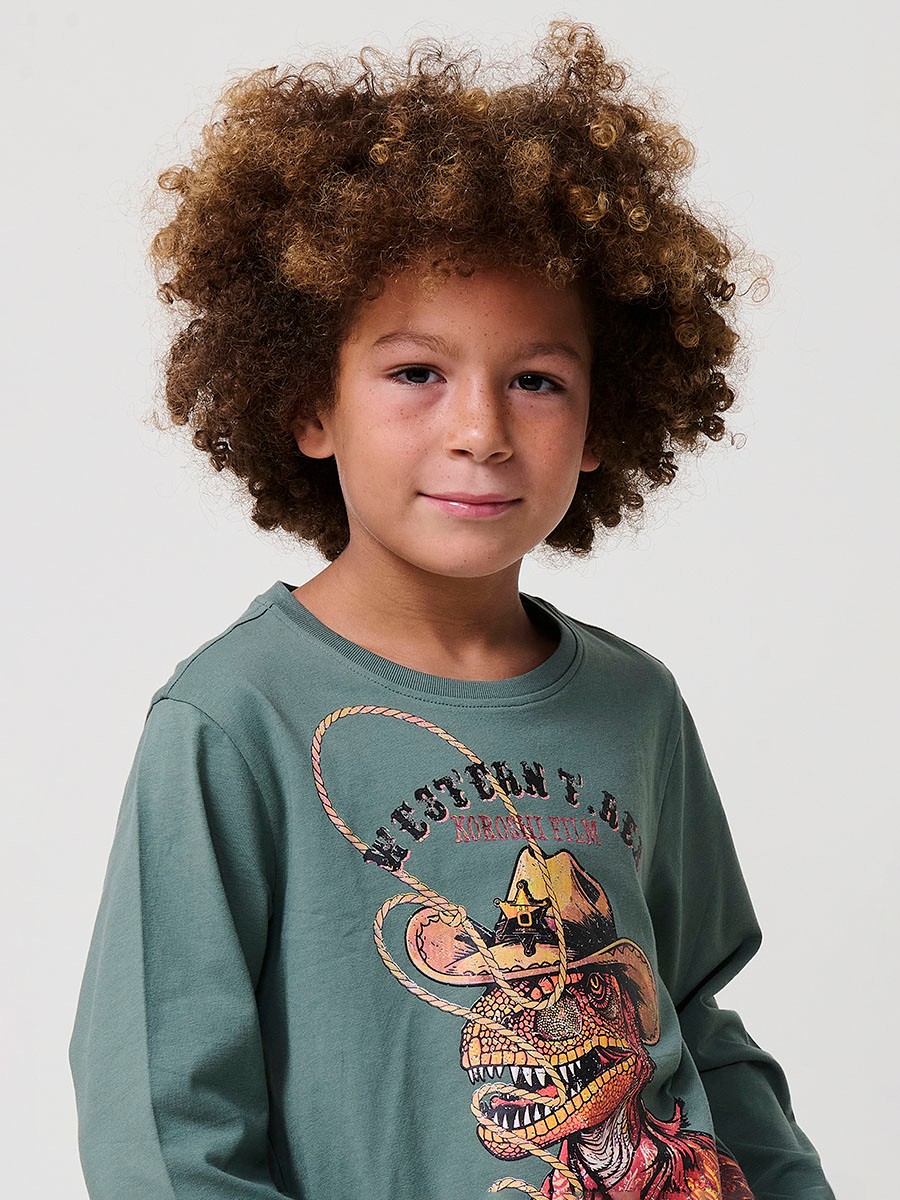 T-shirt garçon kaki en coton avec imprimé dinosaure, manches longues et petit logo Koröshi boy effet cuir.