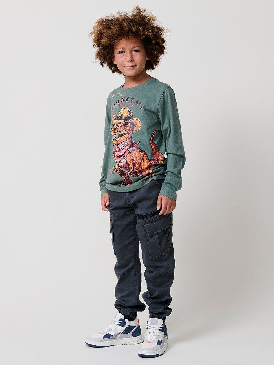 T-shirt garçon kaki en coton avec imprimé dinosaure, manches longues et petit logo Koröshi boy effet cuir.