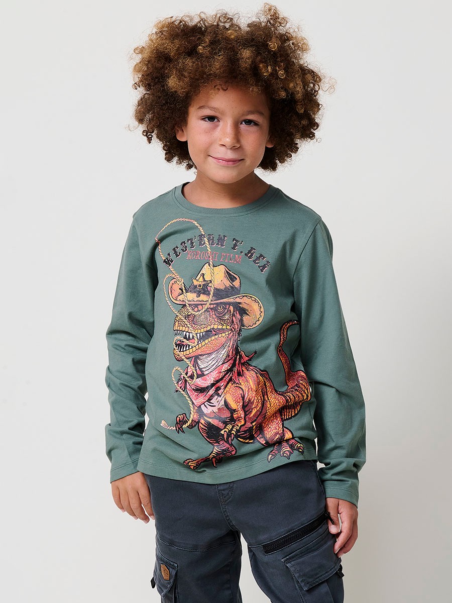 T-shirt garçon kaki en coton avec imprimé dinosaure, manches longues et petit logo Koröshi boy effet cuir.