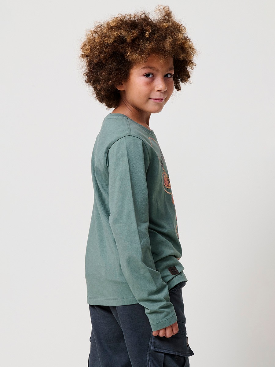 T-shirt garçon kaki en coton avec imprimé dinosaure, manches longues et petit logo Koröshi boy effet cuir.