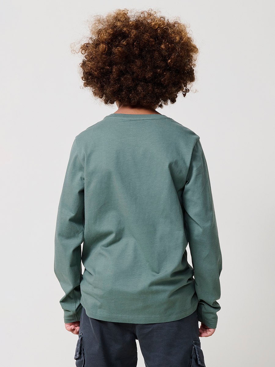 T-shirt garçon kaki en coton avec imprimé dinosaure, manches longues et petit logo Koröshi boy effet cuir.