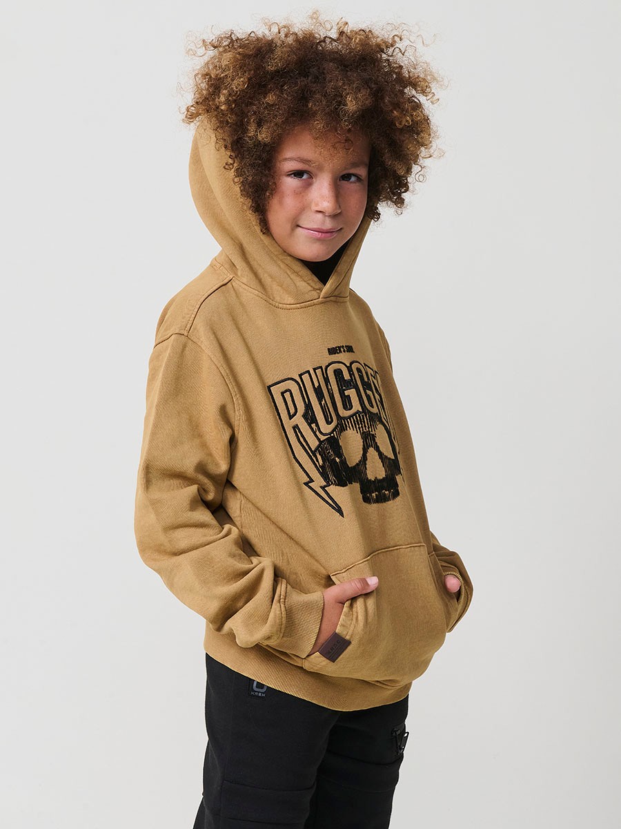 Sudadera de niño en algodón perchado mostaza efecto lavado, con capucha y bolsillo canguro. Cálida, cómoda y moderna.