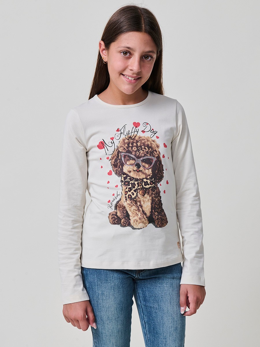 Camiseta de niña en color piedra claro de manga larga, algodón elástico con estampado de perrita y pañuelo animal print.