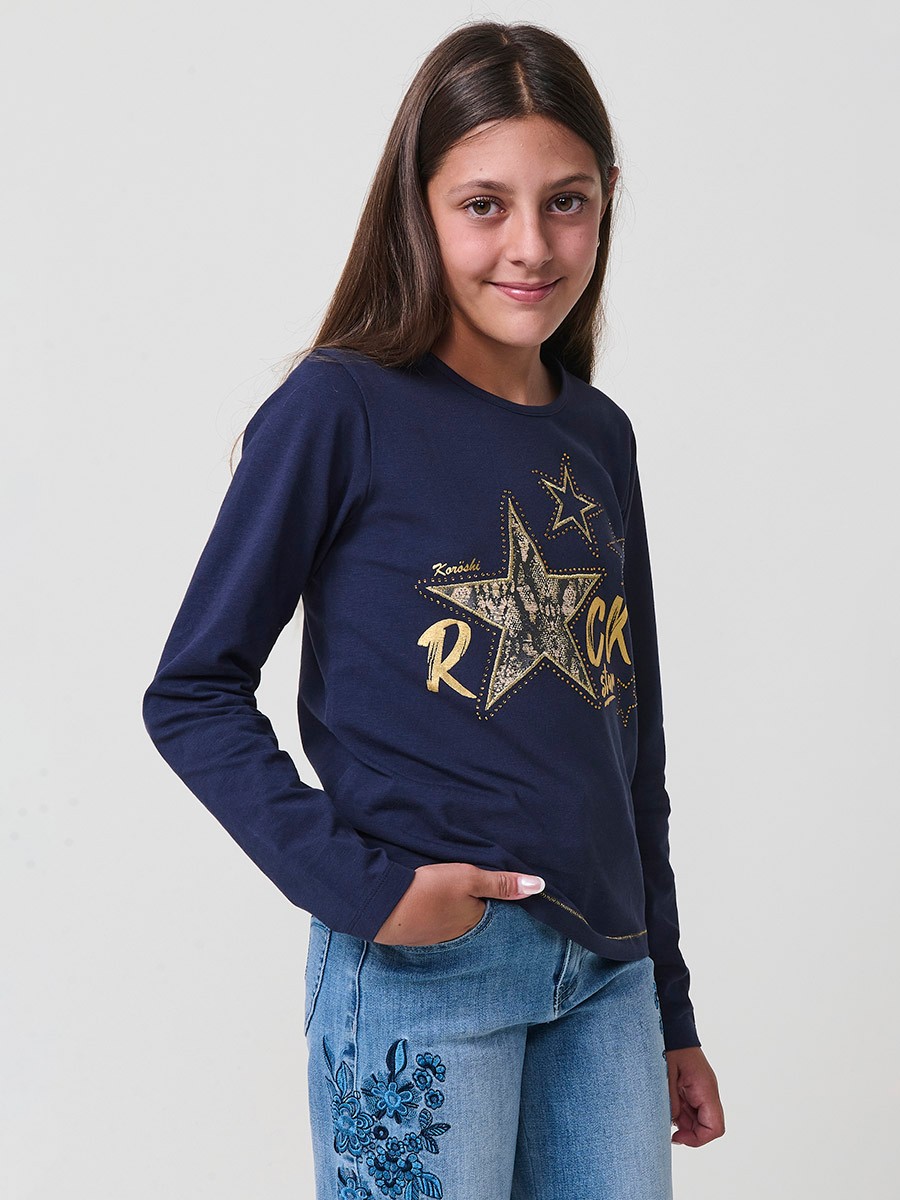 Camiseta de niña en color navy de algodón elástico, con manga larga, cuello redondo, bordado, estampado y detalles brillantes.
