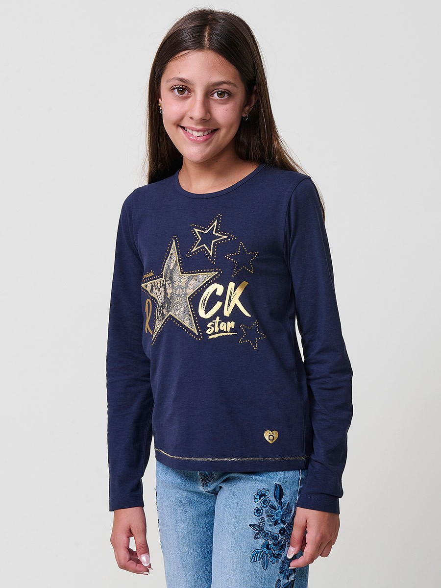 Camiseta de niña en color navy de algodón elástico, con manga larga, cuello redondo, bordado, estampado y detalles brillantes.