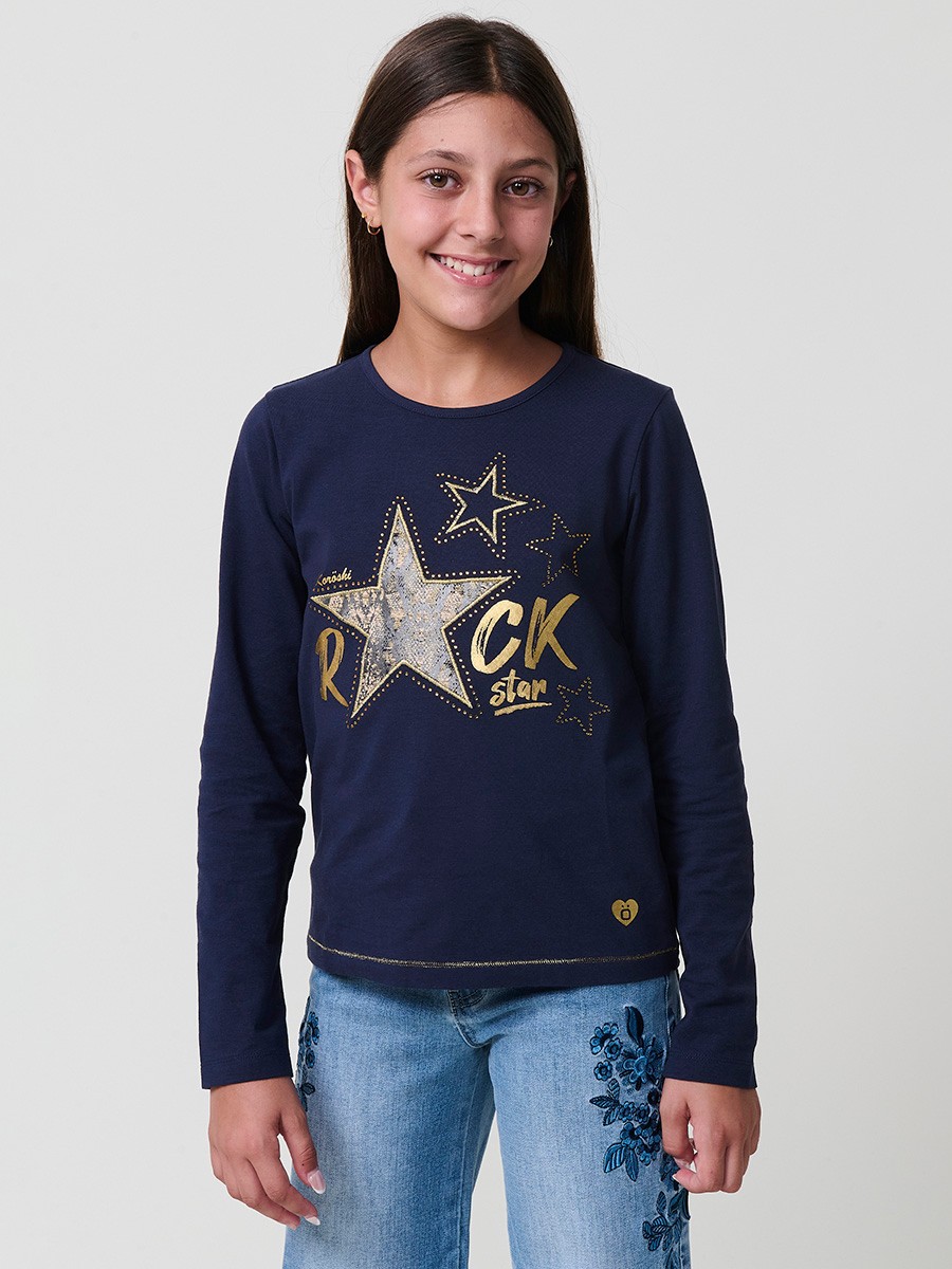 Camiseta de niña en color navy de algodón elástico, con manga larga, cuello redondo, bordado, estampado y detalles brillantes.