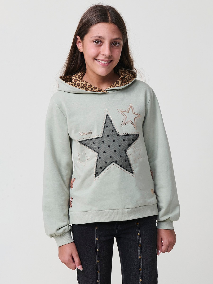 Sudadera de niña kaki en felpa de algodón perchado interior, capucha con forro animal print y manga larga. 100% algodón, cálida y cómoda.