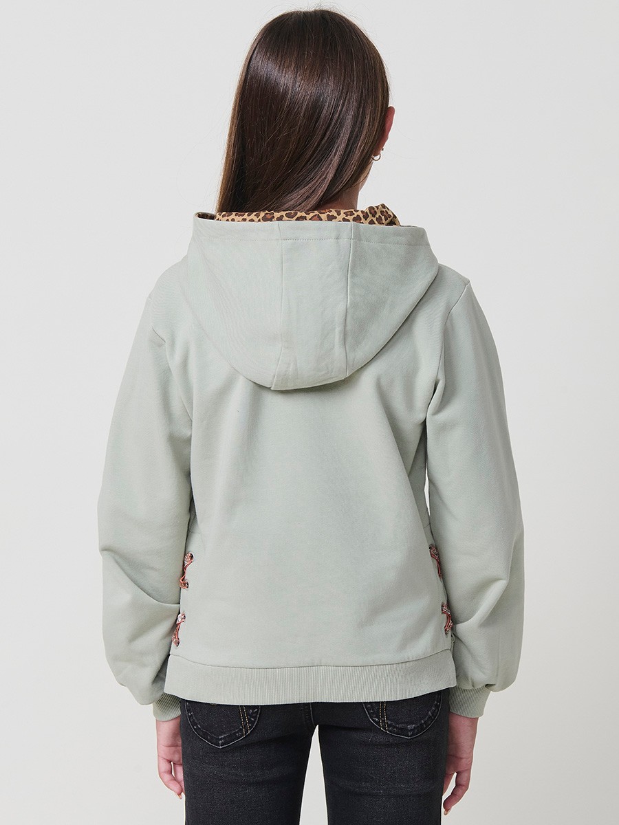 Girls’ khaki sweatshirt in brushed cotton fleece with animal print hood lining and long sleeves. 100% cotton, soft, warm and comfortable.