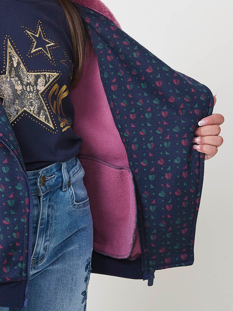 Sweat fille navy en coton élastique avec micro-imprimé coloré et capuche doublée en rose foncé. 8