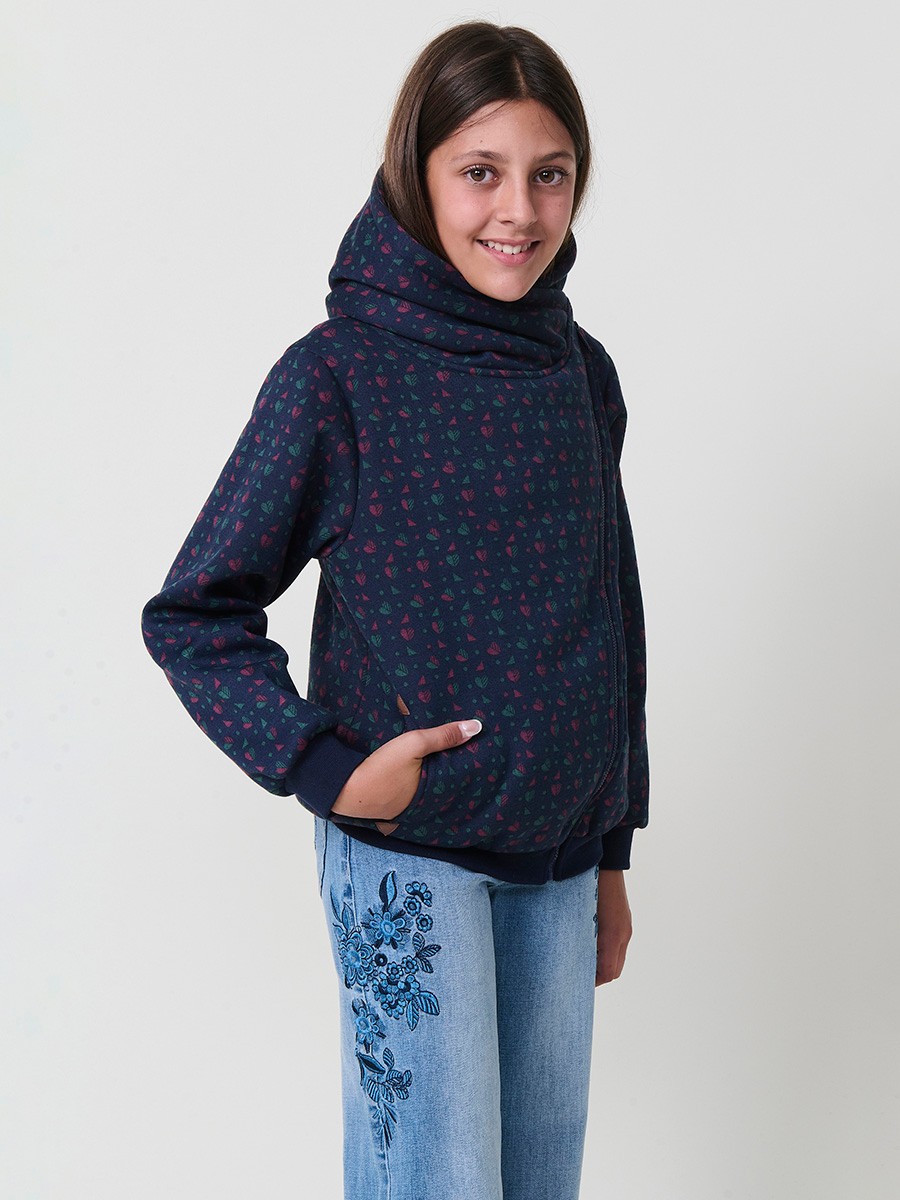 Sudadera de niña navy en felpa de algodón elástico, con microestampado en colores y capucha con forro rosa oscuro.