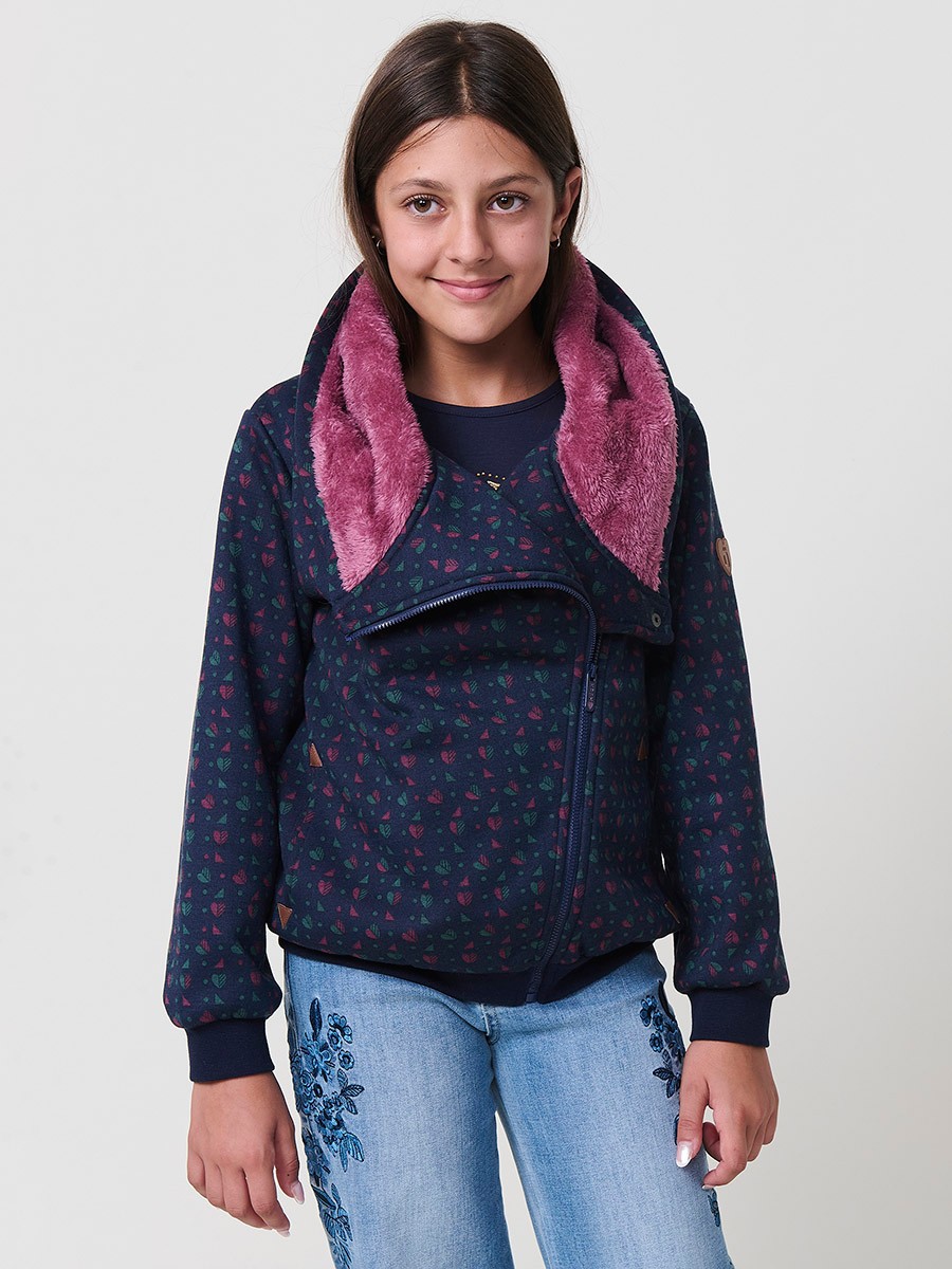 Sweat fille navy en coton élastique avec micro-imprimé coloré et capuche doublée en rose foncé. 5