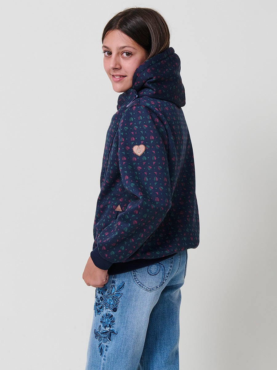 Sweat fille navy en coton élastique avec micro-imprimé coloré et capuche doublée en rose foncé. 4