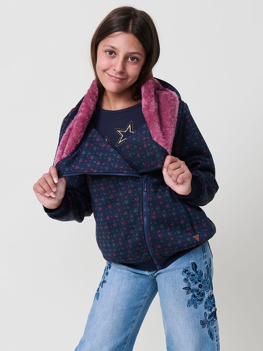 Sweat fille navy en coton élastique avec micro-imprimé coloré et capuche doublée en rose foncé. 7