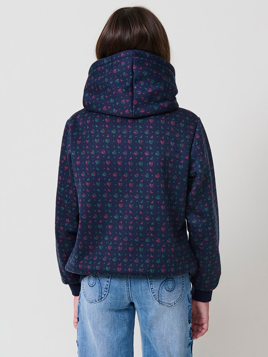 Sweat fille navy en coton élastique avec micro-imprimé coloré et capuche doublée en rose foncé. 3