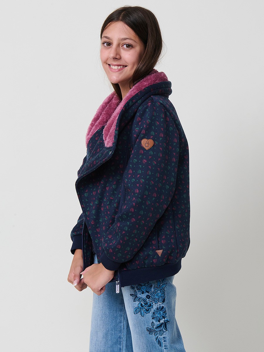 Sweat fille navy en coton élastique avec micro-imprimé coloré et capuche doublée en rose foncé. 2