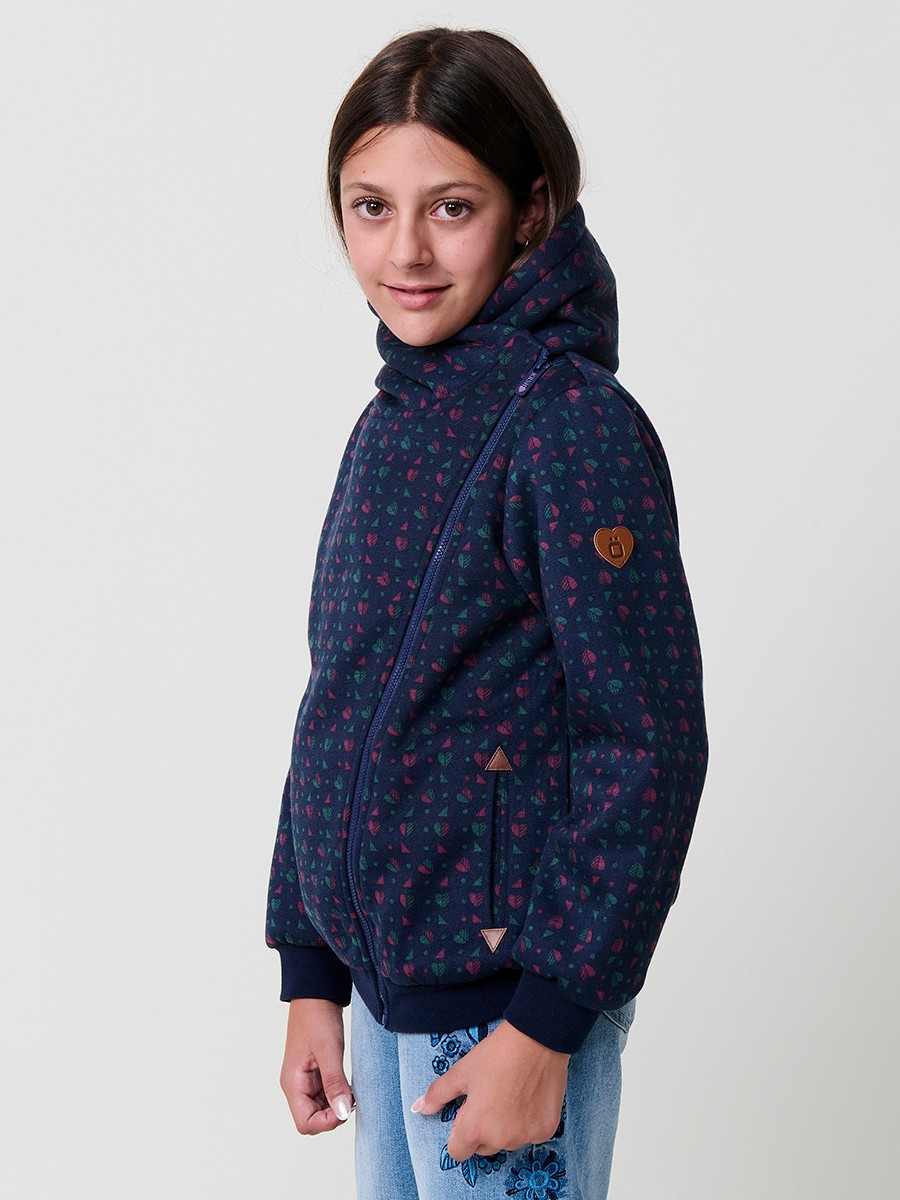 Sweat fille navy en coton élastique avec micro-imprimé coloré et capuche doublée en rose foncé. 6