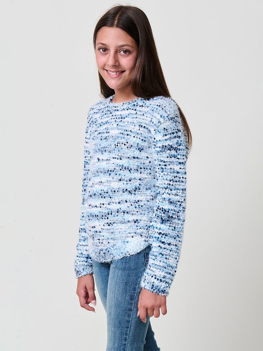 Pull fille en maille fantaisie bleu et écru, col rond côtelé, manches longues et bas arrondi.