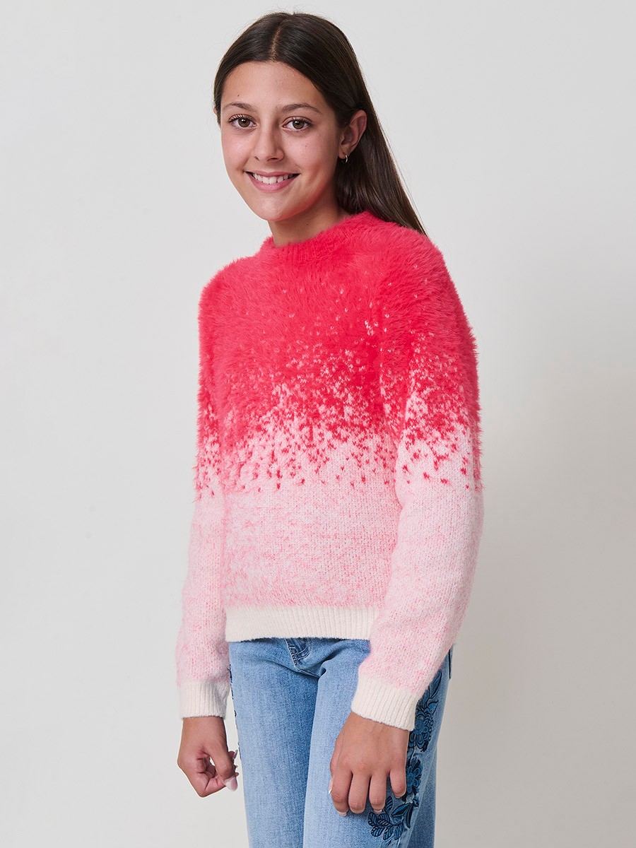 Pull Jacquard Dégradé Fille – Fuchsia et Écru au Toucher Doux