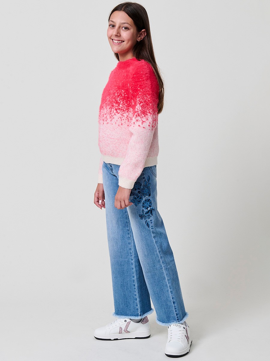Pull Jacquard Dégradé Fille – Fuchsia et Écru au Toucher Doux