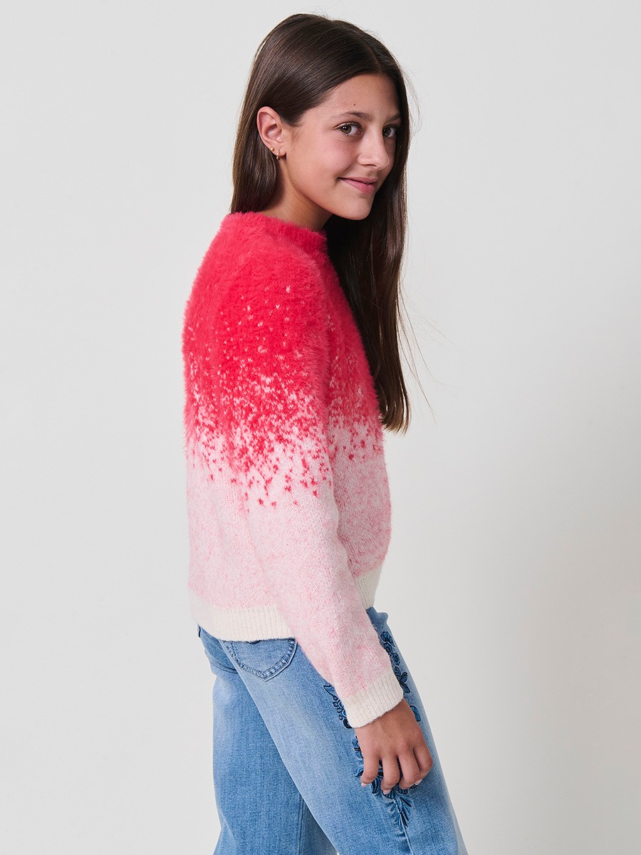 Pull Jacquard Dégradé Fille – Fuchsia et Écru au Toucher Doux
