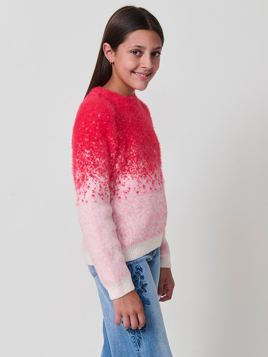 Pull Jacquard Dégradé Fille – Fuchsia et Écru au Toucher Doux