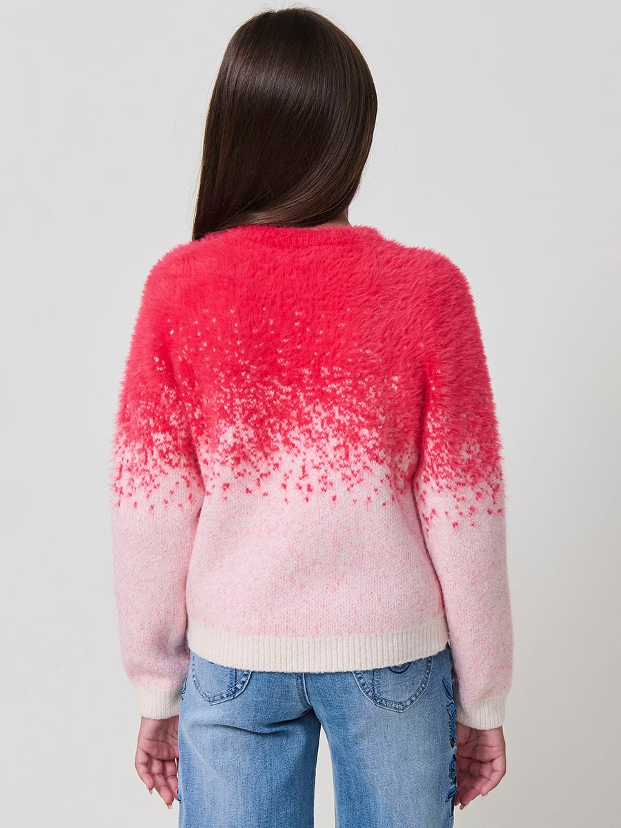 Pull Jacquard Dégradé Fille – Fuchsia et Écru au Toucher Doux