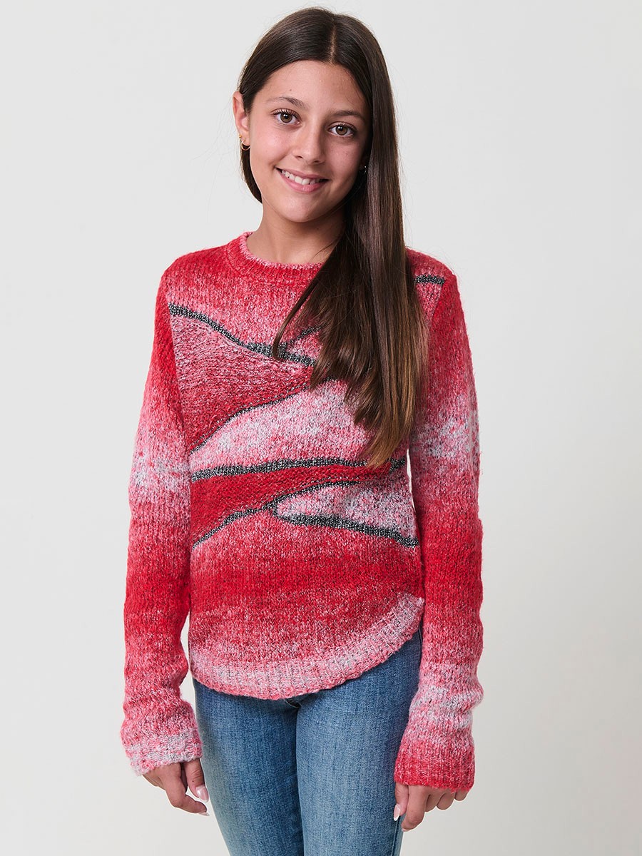 Pull Fille Rouge et Écru à Paillettes