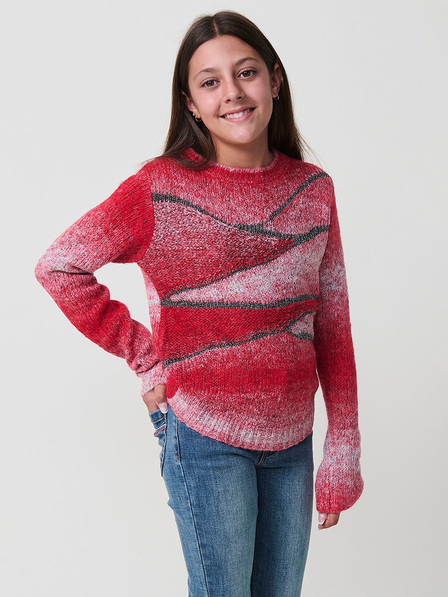Pull Fille Rouge et Écru à Paillettes