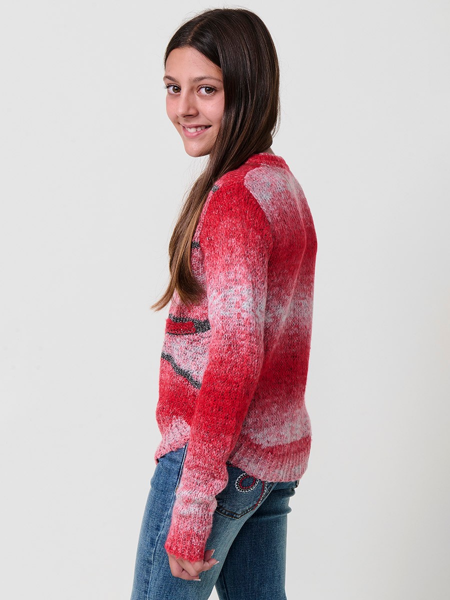 Pull Fille Rouge et Écru à Paillettes