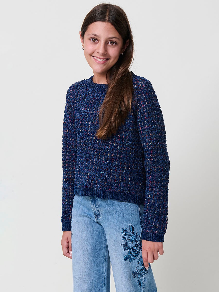 Pull Fille avec Cœurs Navy et Multicolores 