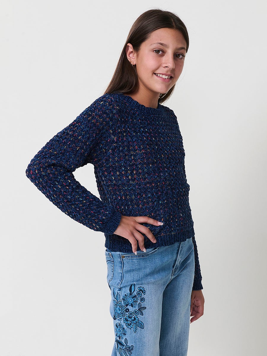 Pull Fille avec Cœurs Navy et Multicolores 