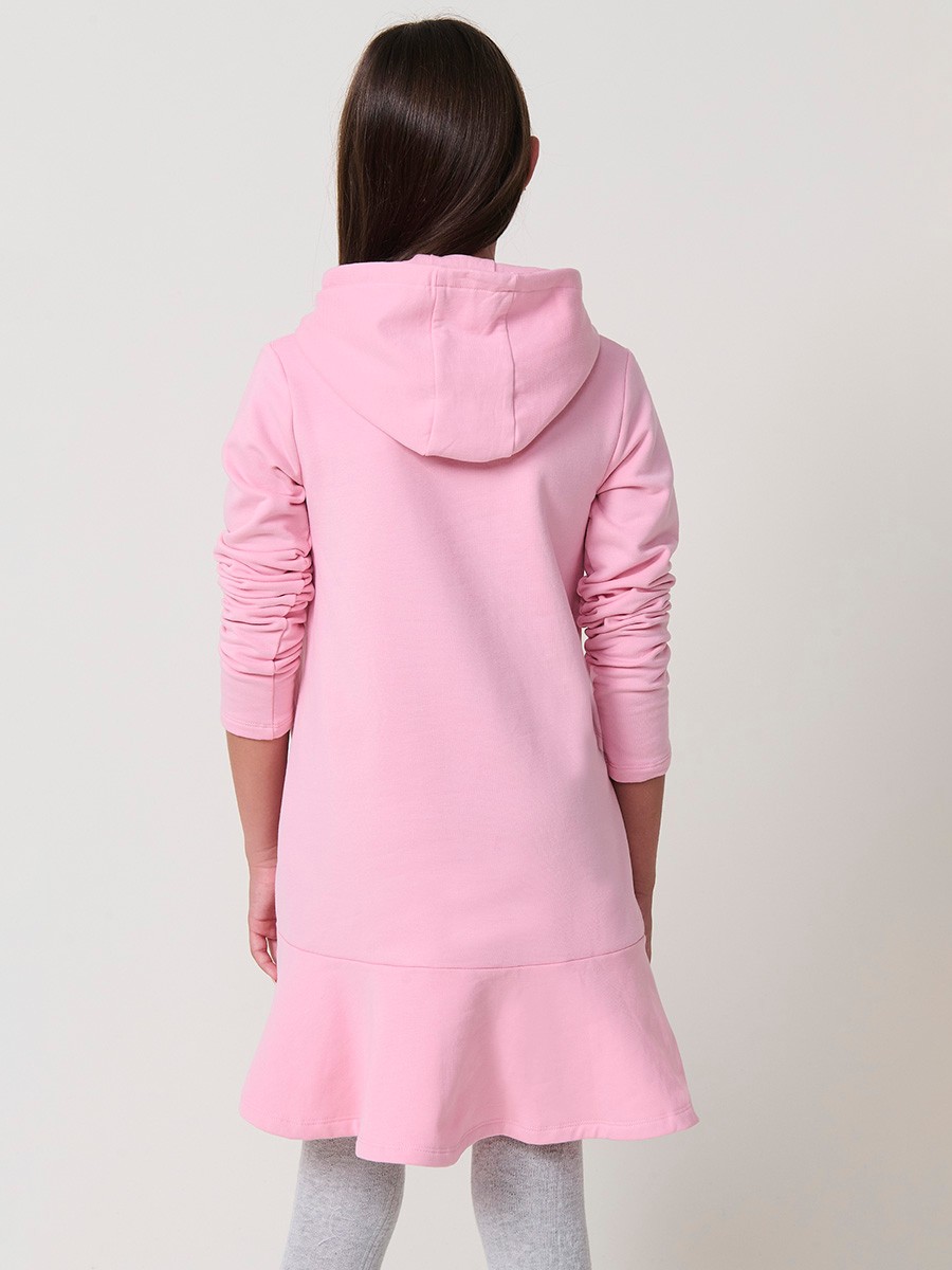 Girls’ pink elastic knit dress with long sleeves, hood and fixed reversible sequin star bag. 100% polyester, fun, modern and comfortable.