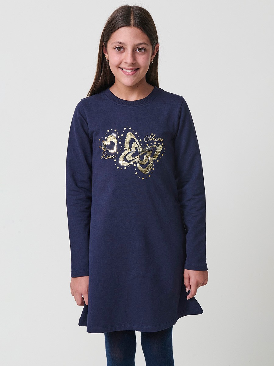 Robe fille navy en coton élastique, manches longues, col rond côtelé et papillons dorés avec sequins réversibles.