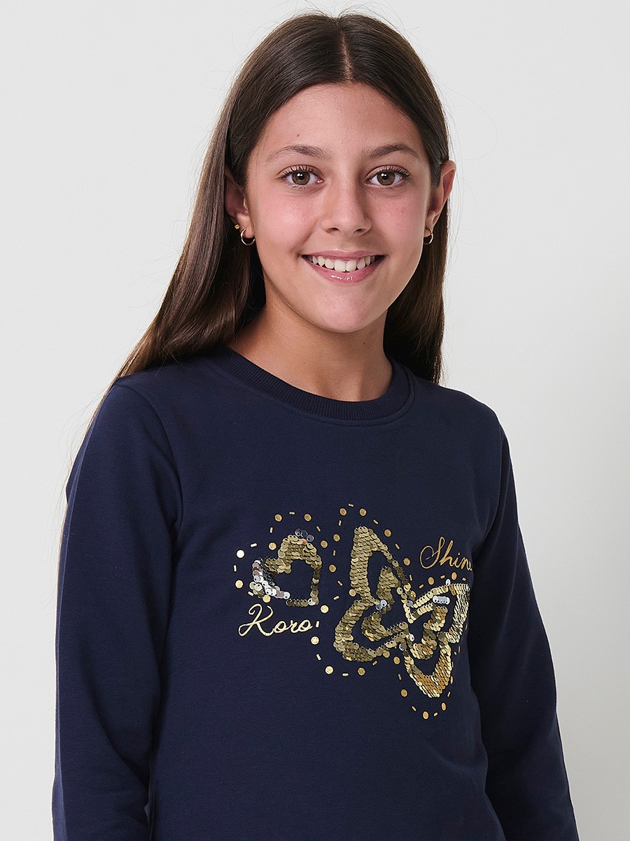 Robe fille navy en coton élastique, manches longues, col rond côtelé et papillons dorés avec sequins réversibles.