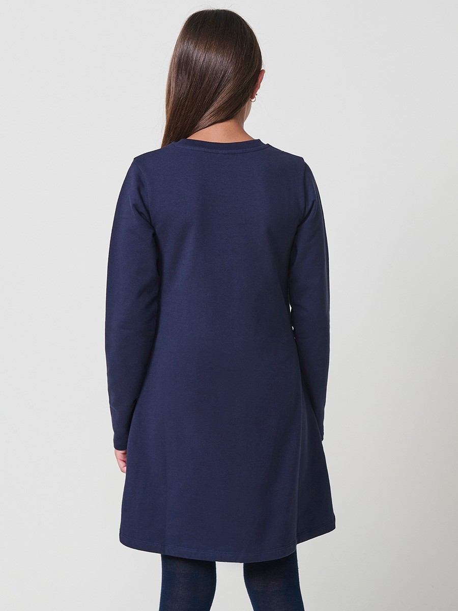 Robe fille navy en coton élastique, manches longues, col rond côtelé et papillons dorés avec sequins réversibles.