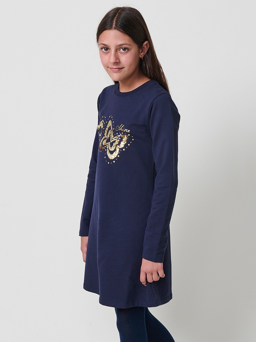 Robe fille navy en coton élastique, manches longues, col rond côtelé et papillons dorés avec sequins réversibles.