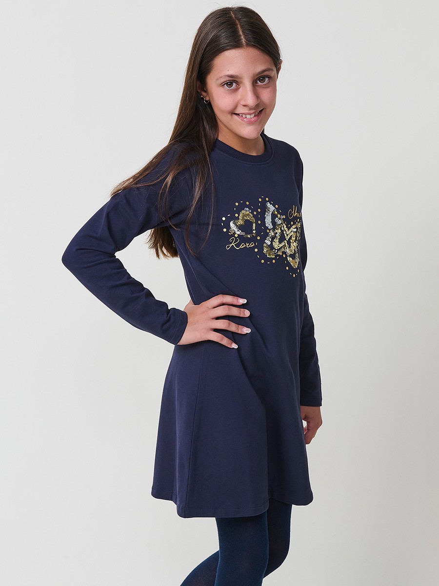 Robe fille navy en coton élastique, manches longues, col rond côtelé et papillons dorés avec sequins réversibles.