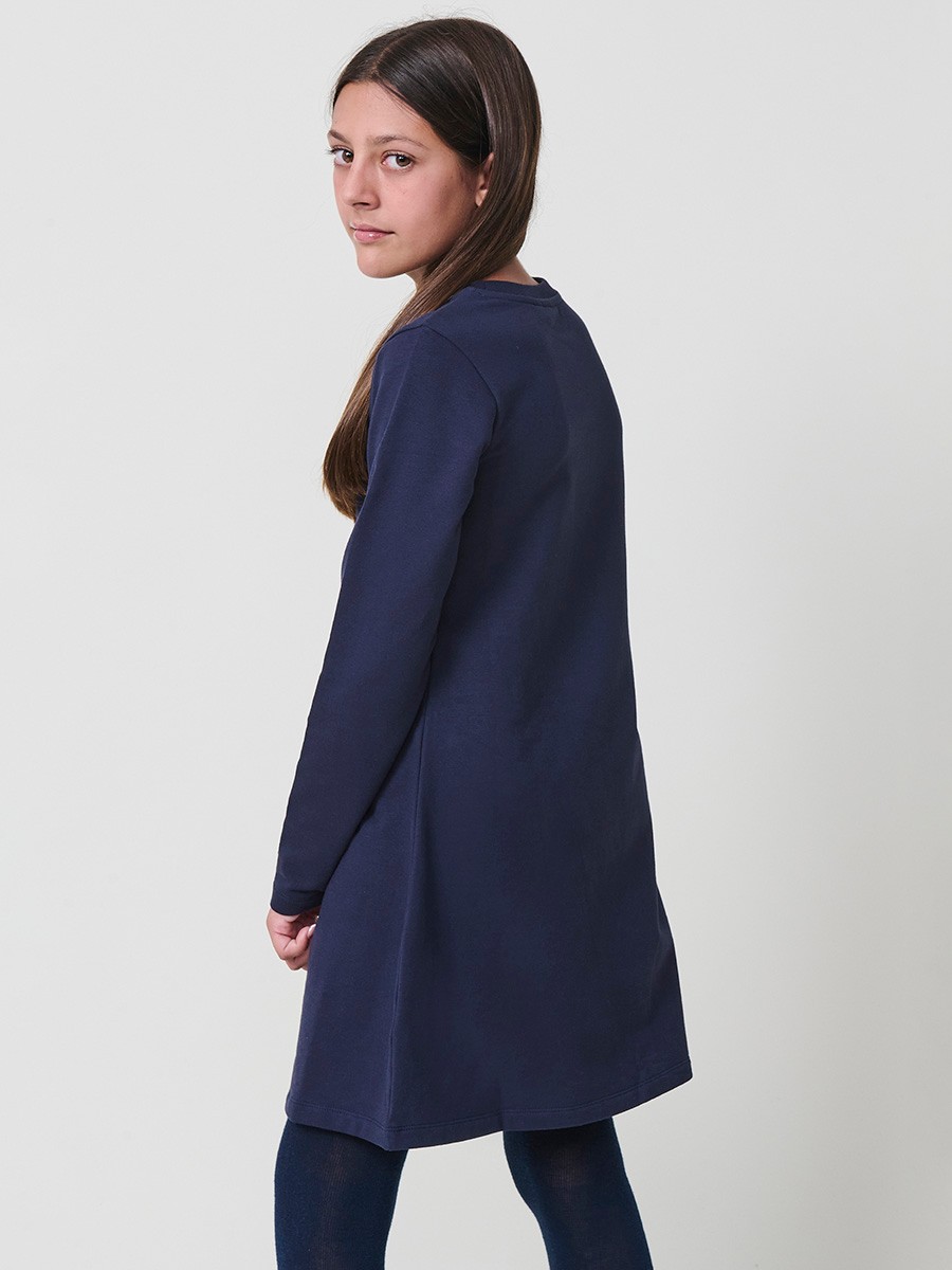 Robe fille navy en coton élastique, manches longues, col rond côtelé et papillons dorés avec sequins réversibles.