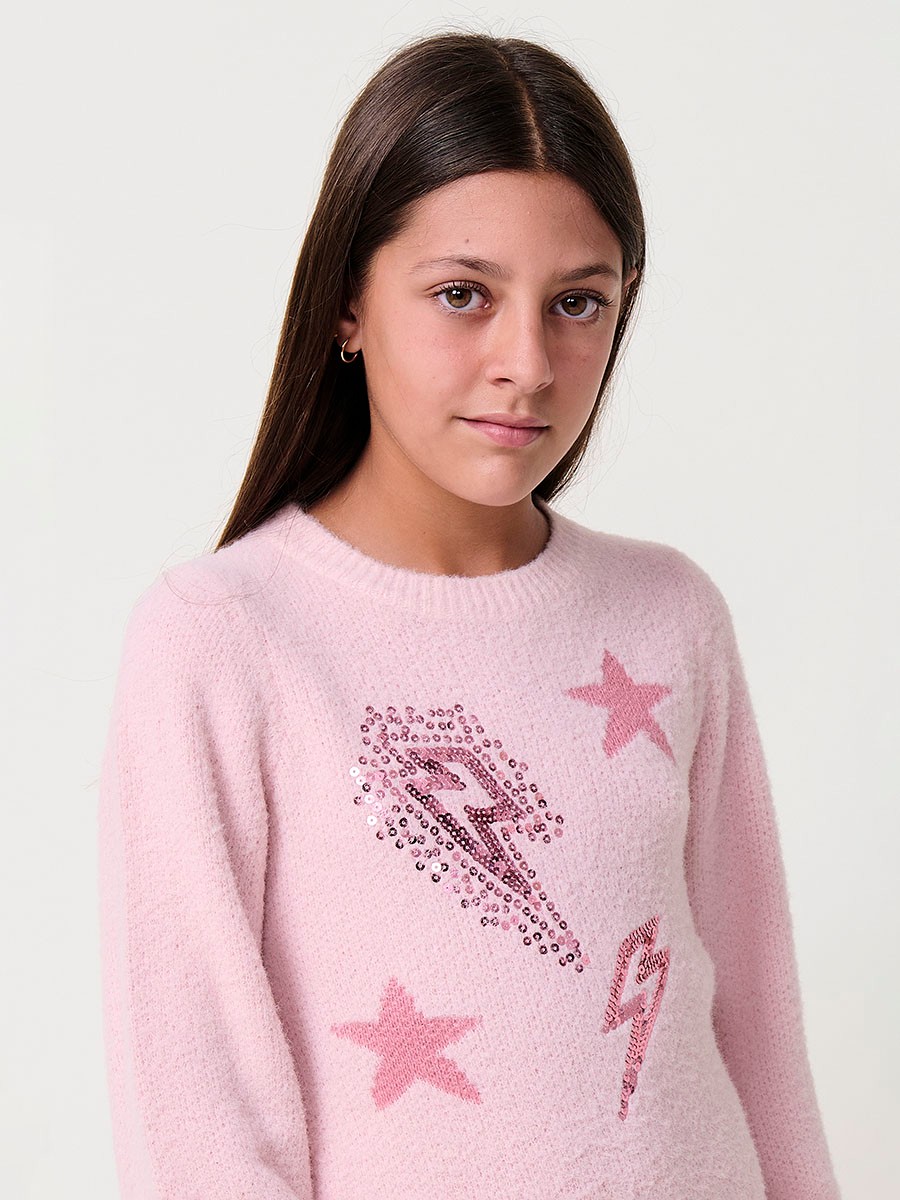 Robe Fille Rose en Jacquard et Paillettes 