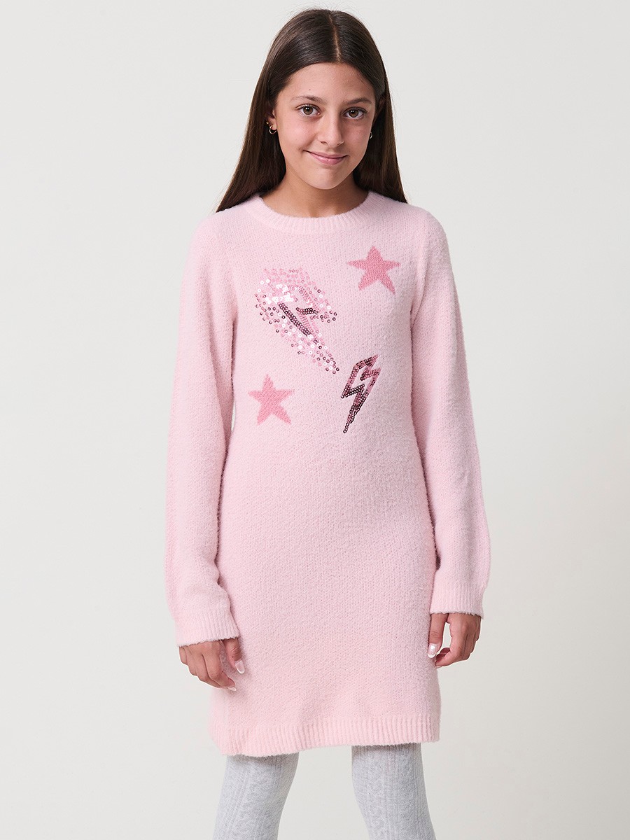 Robe Fille Rose en Jacquard et Paillettes 