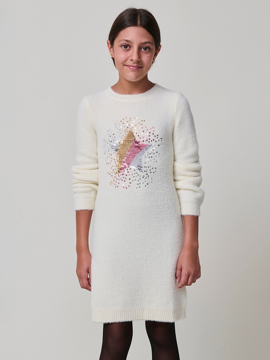 Robe Fille Crème avec Étoile à Paillettes Réversibles