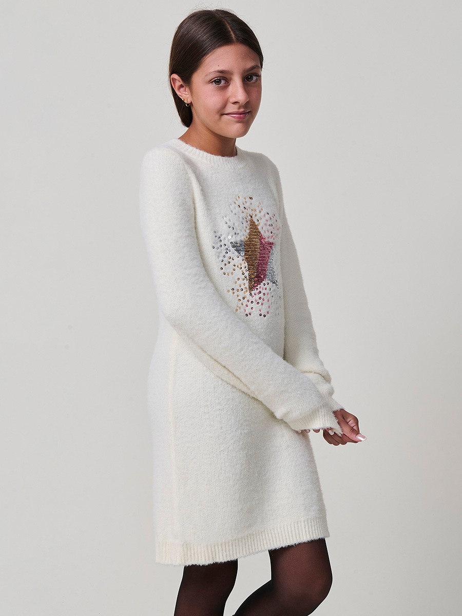 Robe Fille Crème avec Étoile à Paillettes Réversibles