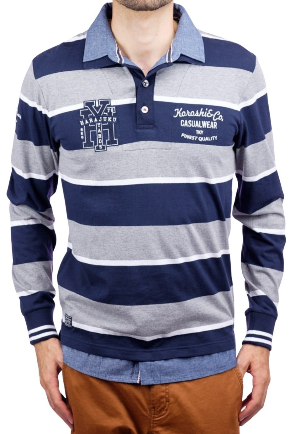Polo de manga larga a rayas color Gris para Hombre